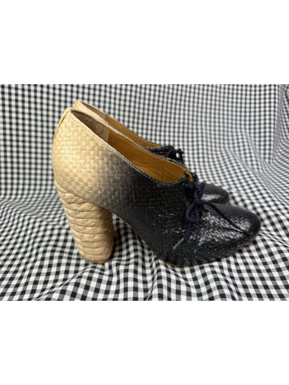 Tory Burch Fabienne Raffia Bootie Heels Womens 8 Black Natural Lace Up Ombre
